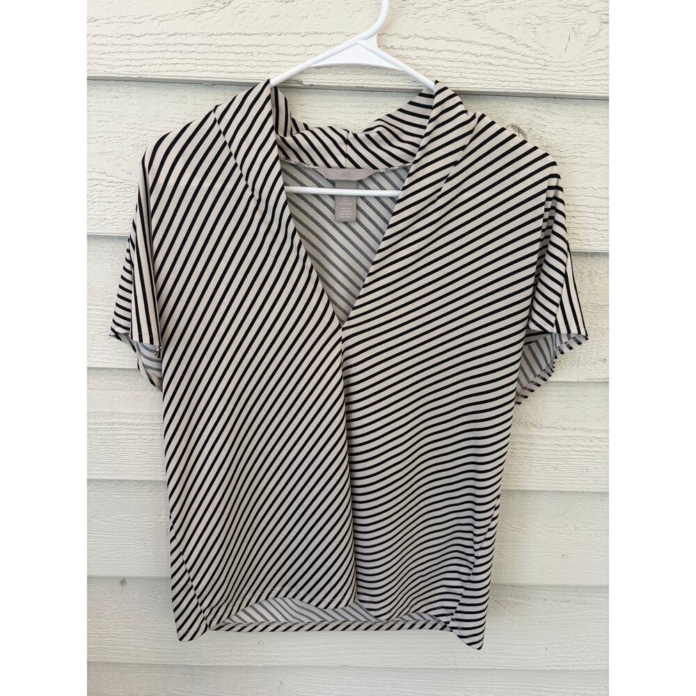 H&M Black & Cream Striped Draped Blouse Top Size Medium Minimalist Chic - Picture 2 of 7